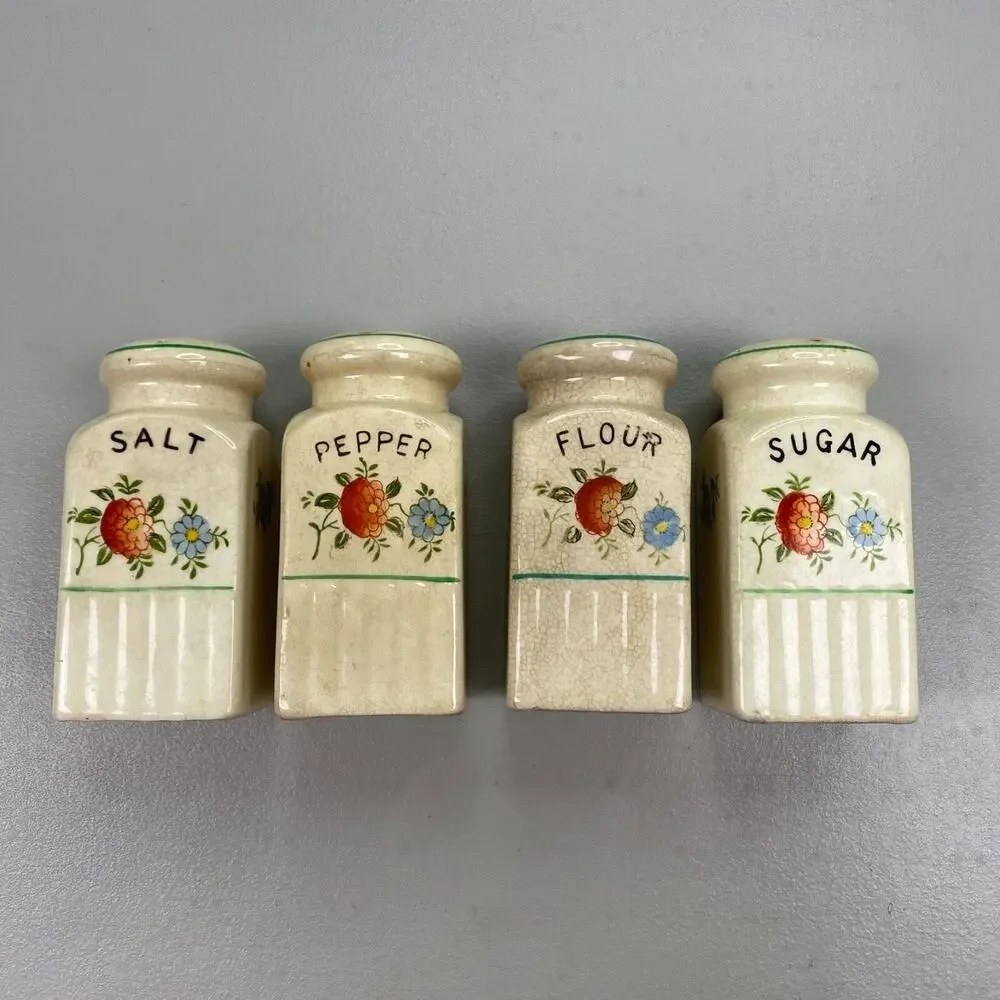 Vintage Shaker Set Salt Pepper Flour Sugar Floral Ceramic Hand Painted Japan 50s